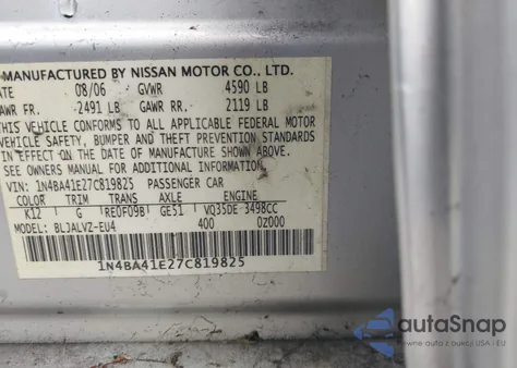 2007 Nissan Maxima 3.5 Se из США, поврежденный, VIN 1N4BA41E27C819825